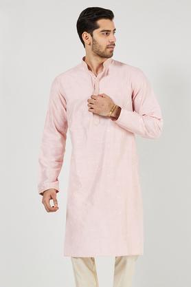 embroidered blended fabric regular fit men's kurta - pink