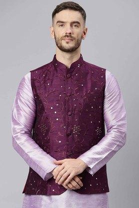embroidered blended mens party nehru jacket - purple