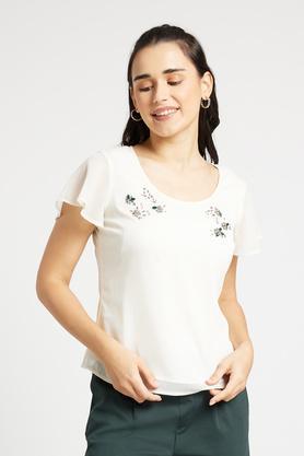embroidered blended round neck women's top - white
