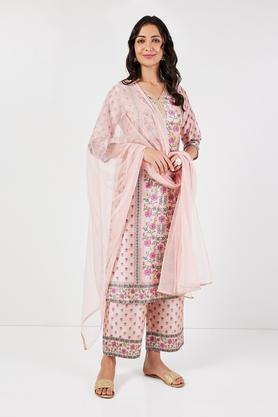 embroidered calf length art silk woven women's kurta set - pink