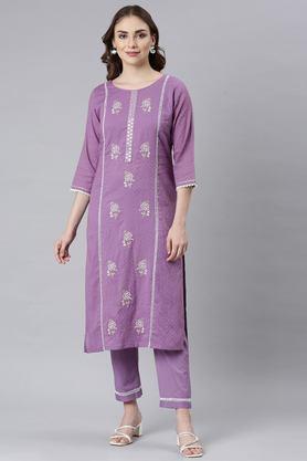 embroidered calf length cotton woven women's kurta set - lilac