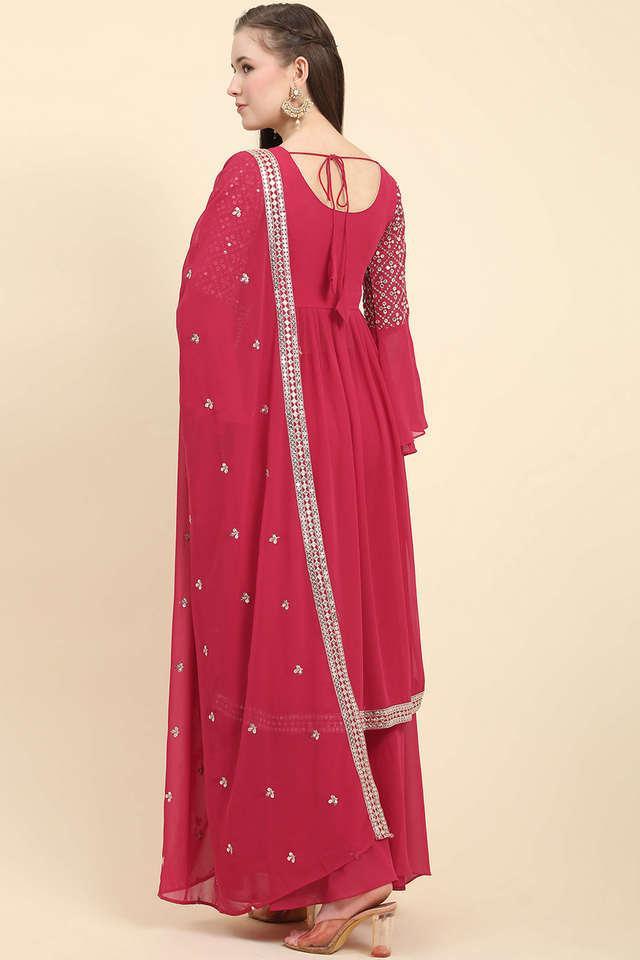 embroidered calf length georgette women's kurta set - pink
