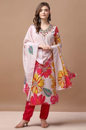 embroidered calf length muslin woven women's kurta set - peachy pink