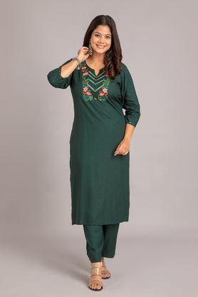 embroidered calf length rayon knitted women's kurta set - dark green