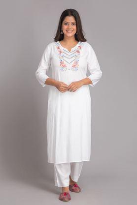 embroidered calf length rayon knitted women's kurta set - off white