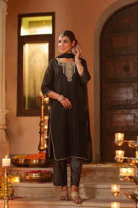 embroidered calf length silk woven women's kurta pant dupatta set - black