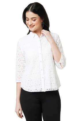 embroidered collar neck cotton women's casual wear shirt - white