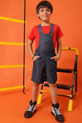 embroidered cotton above knee boys dungarees - dark blue