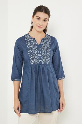 embroidered-cotton-blend-mandarin-women's-tunic---navy