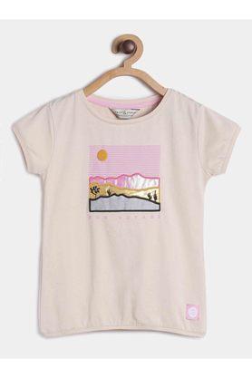 embroidered cotton blend round neck girls top - natural