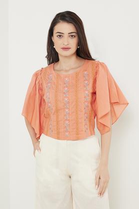embroidered cotton blend round neck women's top - orange