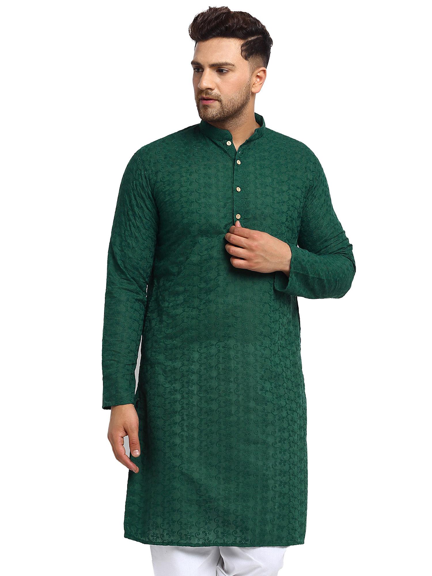embroidered cotton chikankari green kurta for men