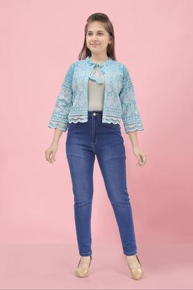embroidered cotton collared girls jacket - blue