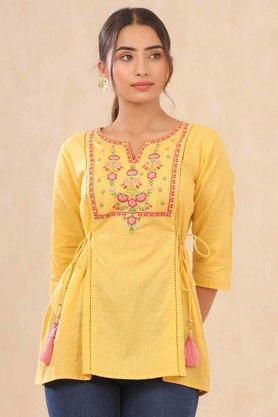 embroidered cotton dobby round neck womens a line tunic - yellow