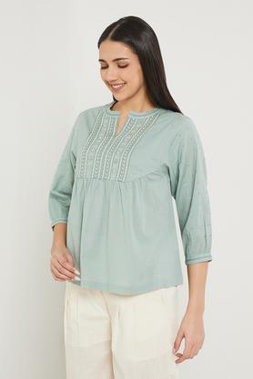 embroidered-cotton-flex-round-neck-women's-casual-wear-tunic---green