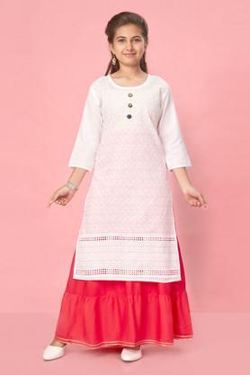 embroidered cotton full length girls kurta set - multi