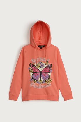 embroidered cotton hooded girls sweatshirt - coral