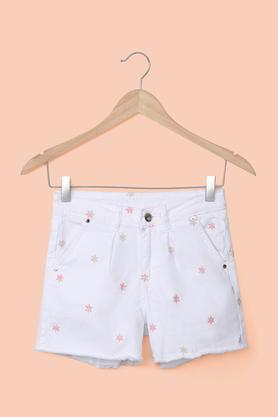 embroidered cotton lycra regular fit girl's shorts - white