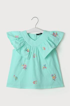 embroidered cotton regular fit girls top - mint