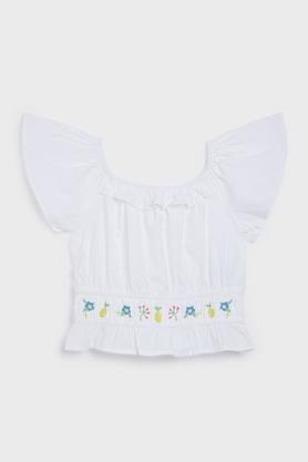 embroidered cotton regular fit girls top - white