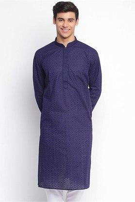 embroidered cotton regular fit men's knee length kurta - blue