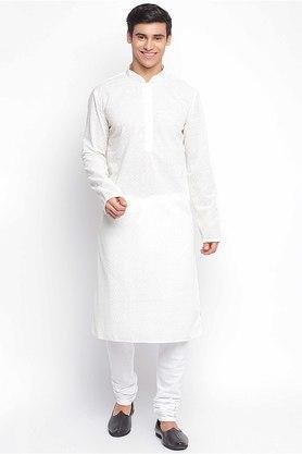 embroidered cotton regular fit men's knee length kurta - white