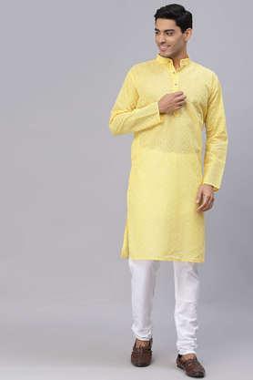 embroidered cotton regular fit men's kurta - yellow