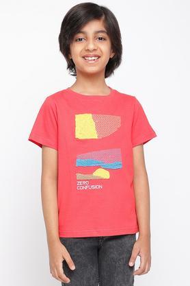 embroidered cotton round neck boys t-shirt - red
