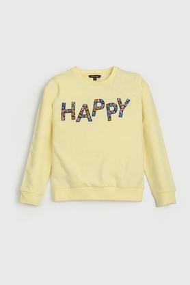 embroidered cotton round neck girls sweatshirt - yellow
