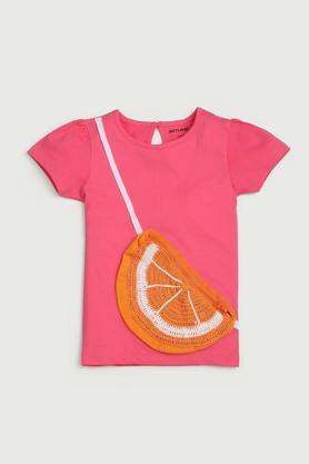 embroidered cotton round neck girls t-shirt - pink