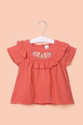 embroidered cotton round neck infant girl's top - coral