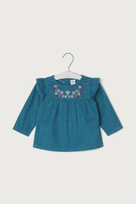 embroidered cotton round neck infant girls top - sea blue