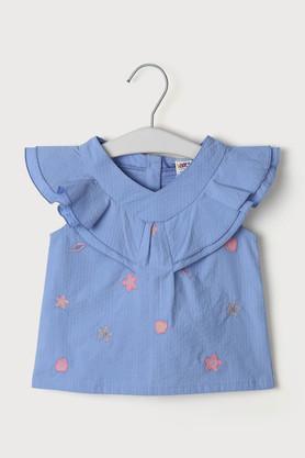 embroidered cotton round neck infant infant girls top - blue