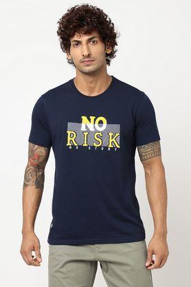 embroidered cotton round neck men's t-shirt - navy