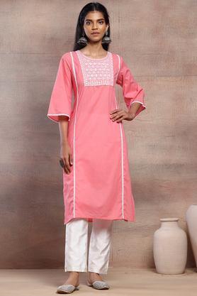 embroidered cotton round neck women's casual wear kurta - peach