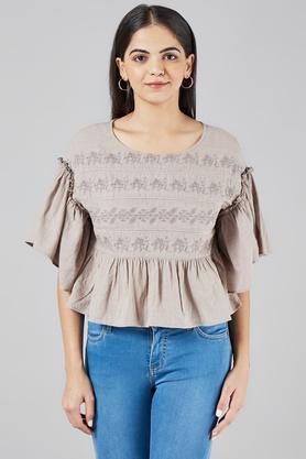 embroidered cotton round neck women's regular fit top - grey