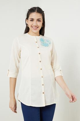 embroidered cotton slub mandarin women's casual wear tunic - off white