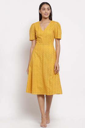 embroidered cotton v neck women's knee length dress - mustard
