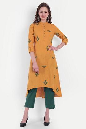 embroidered cotton v-neck women's casual wear kurti - mustard