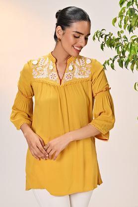 embroidered crepe round neck women's tunic - mustard