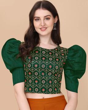 embroidered crop top with puff sleeves