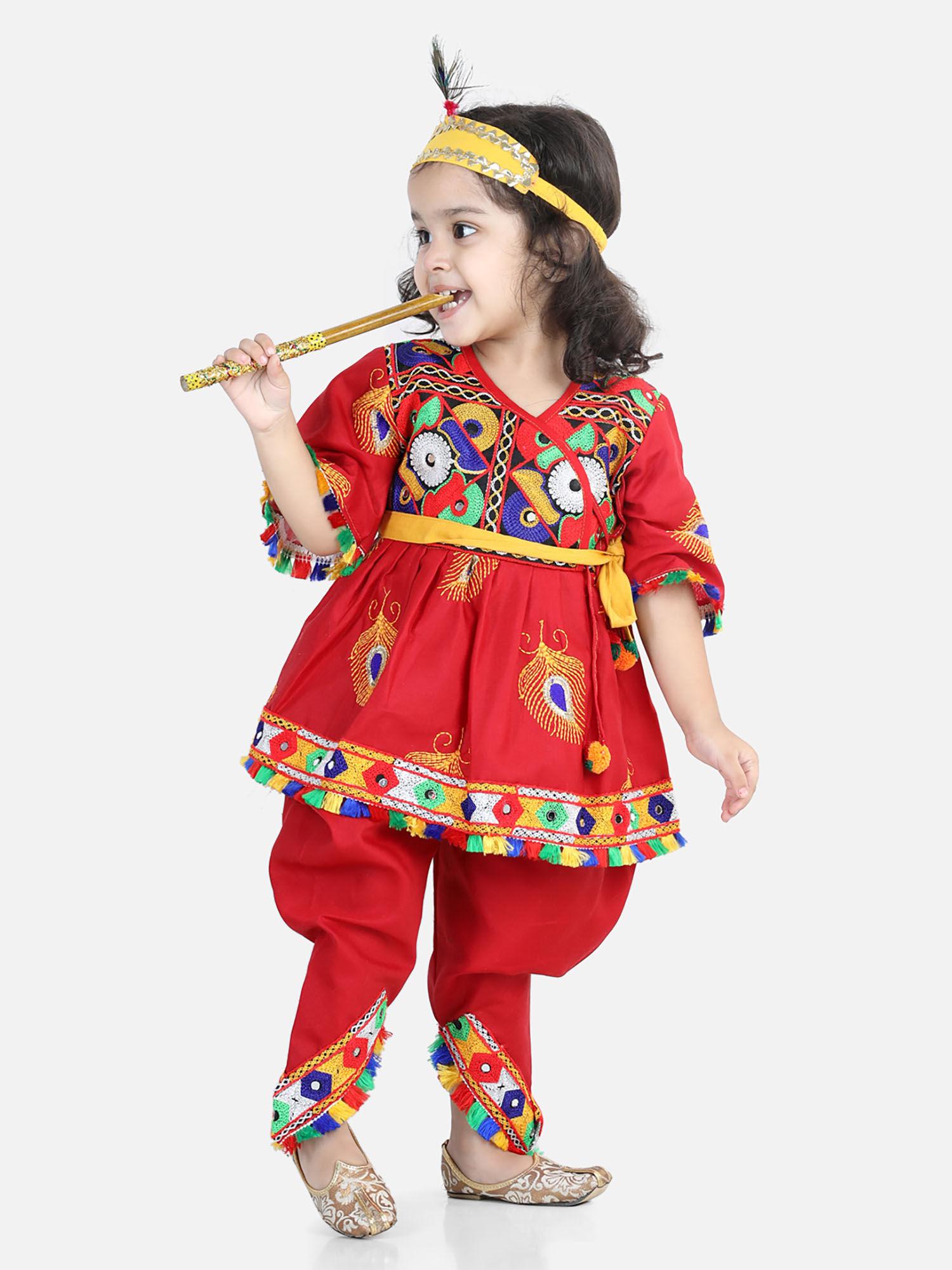 embroidered dhoti top radha dress with mukut bansuri belt red (set of 5)