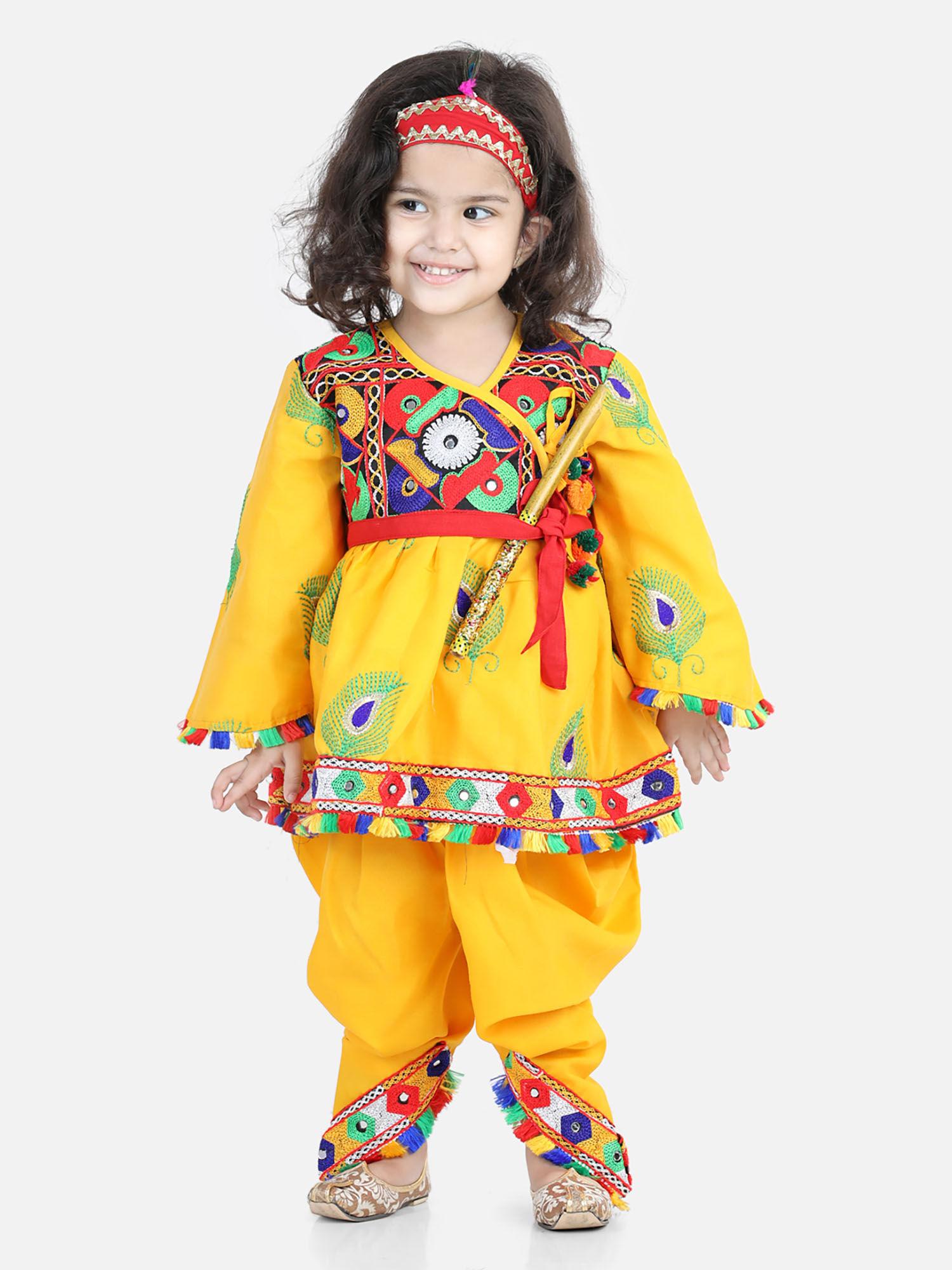 embroidered dhoti top radha dress with mukut bansuri belt yellow (set of 5)