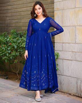 embroidered fit & flare gown dress with dupatta