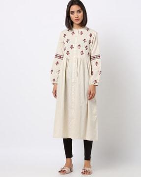 embroidered flared dress with bishop sleeves