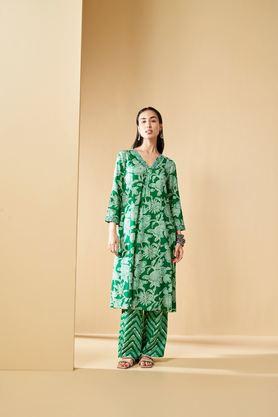 embroidered full length viscose woven women's kurta set - green