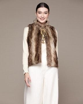 embroidered fur jacket with neck tie-up