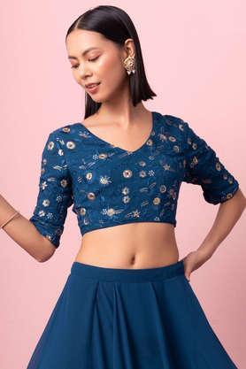 embroidered georgette casual wear women's blouse - blue