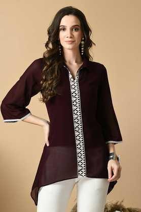 embroidered georgette collared women's top - coffee