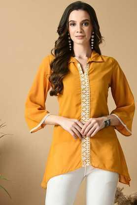 embroidered georgette collared women's top - mustard